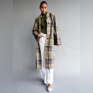 NWT Sezane - Clyde Trench, beige and moss green checks, size 36 (US4)